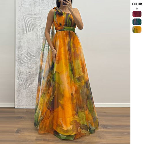 Kvinners Festlige Maxi Kjole med Gjennomsiktig Chiffon Overlay og Delikat Volangdesign