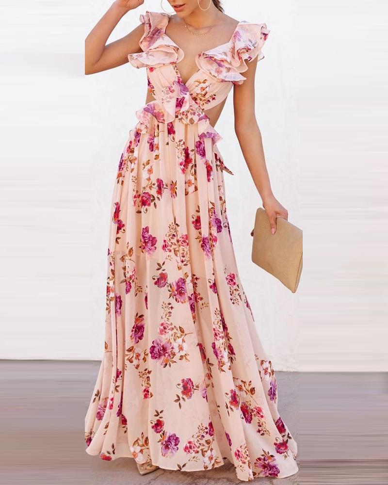Kvinnelig Elegant Maxi Kjole med Volangdetaljer og Blomsterdesign
