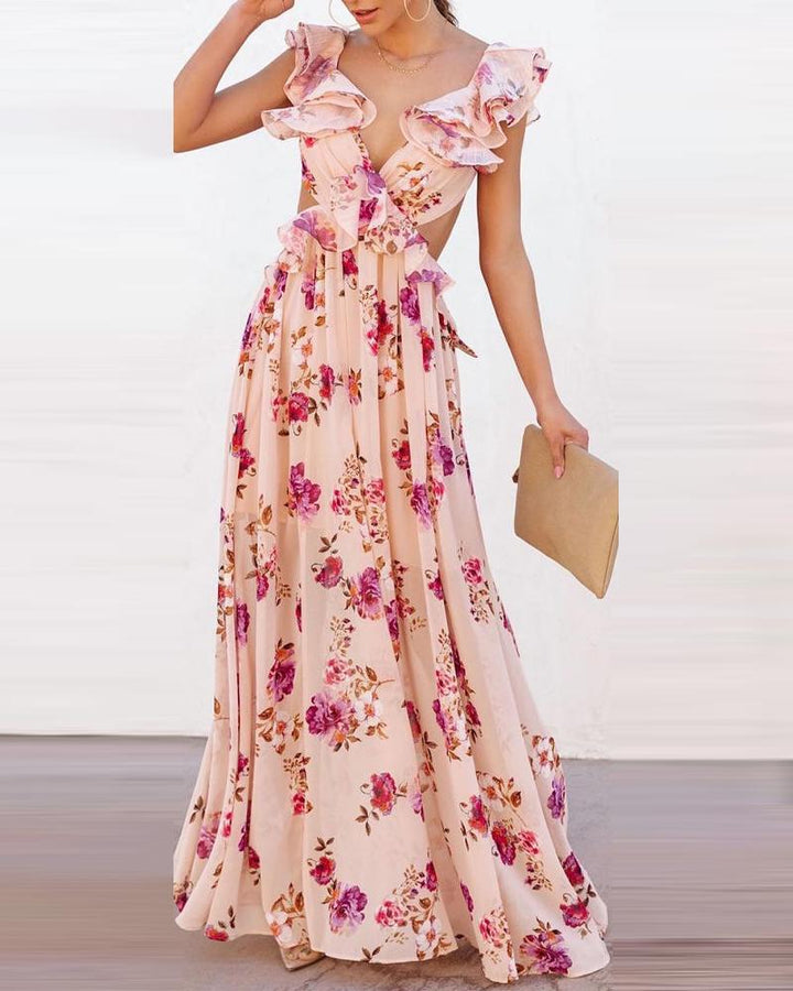 Kvinnelig Elegant Maxi Kjole med Volangdetaljer og Blomsterdesign