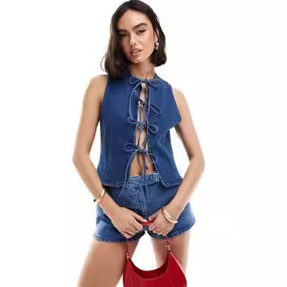 Dame Denim Bustier-Topp med leken snøring detalj Skjora