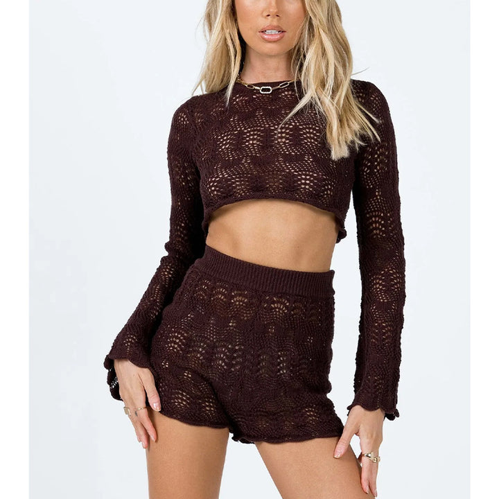 Dame elegant strikket crop-top og shorts sett Skjora