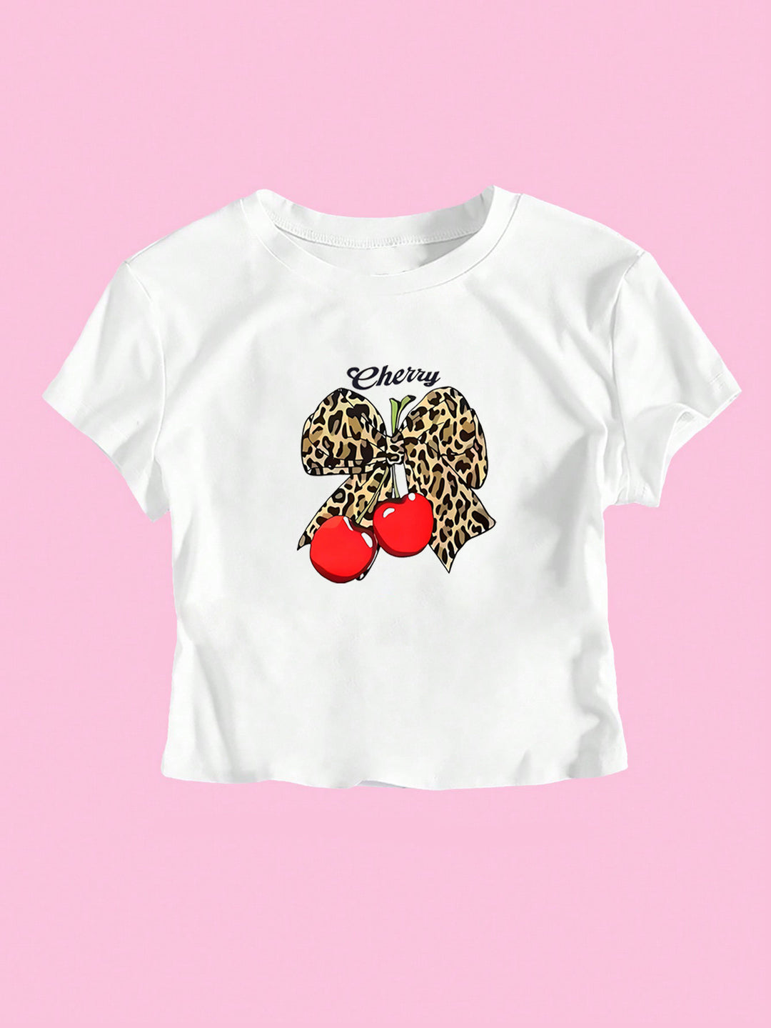 Dame Crop-T-skjorte med lekent leopard-sløyfemotiv og fruktig trykk Skjora