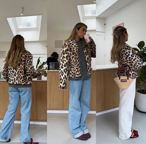 Damer Kort Leopardjakke i Urban Stil med Praktiske Lommer Skjora