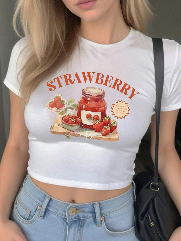 Dame crop-top med kreativt jordbærdesign og tettsittende snitt Skjora