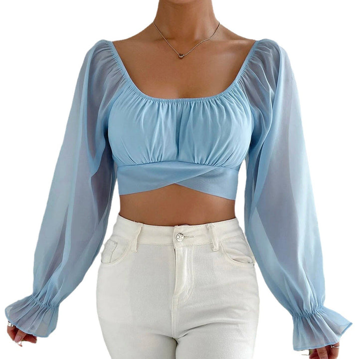 Dame Cropped Bluse med puffede ermer og raffinerte snitt Skjora