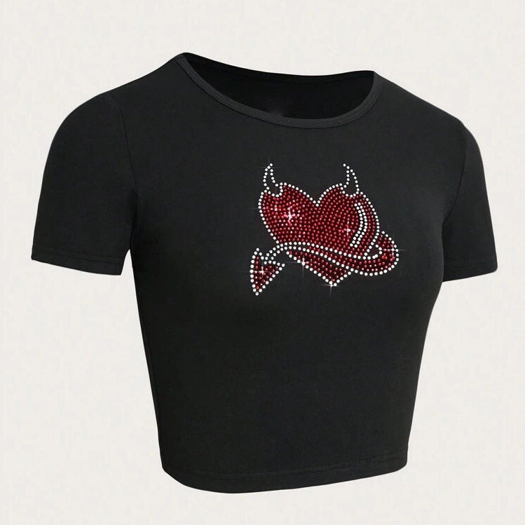 Dame Cropped T-skjorte med kreativt skjelettdesign Skjora