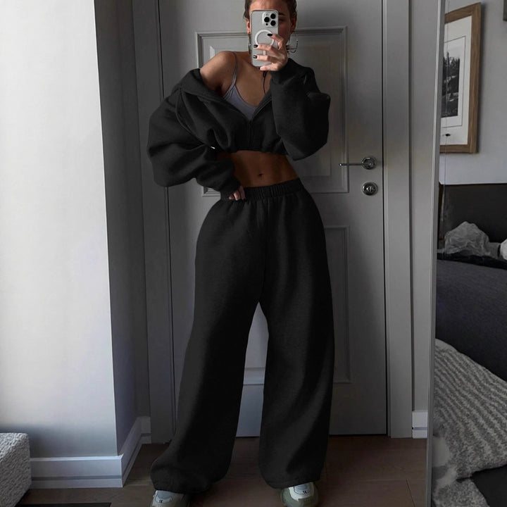 Kvinne cropped fleece hettegenser og casual joggebukse sett Skjora