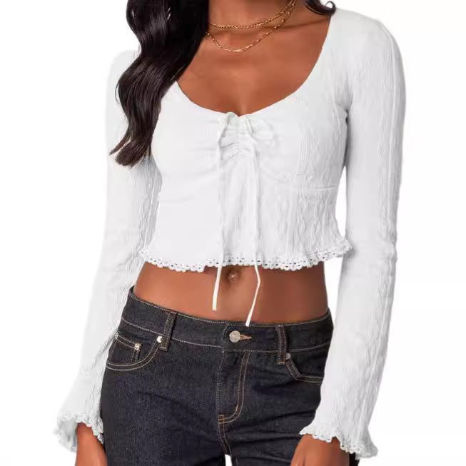 Dame Cropped Top med snøring og spissdekorasjoner Skjora