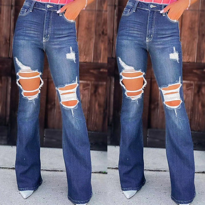 Dame Flared Jeans med fashionable ødelagte effekter og høy midje Skjora
