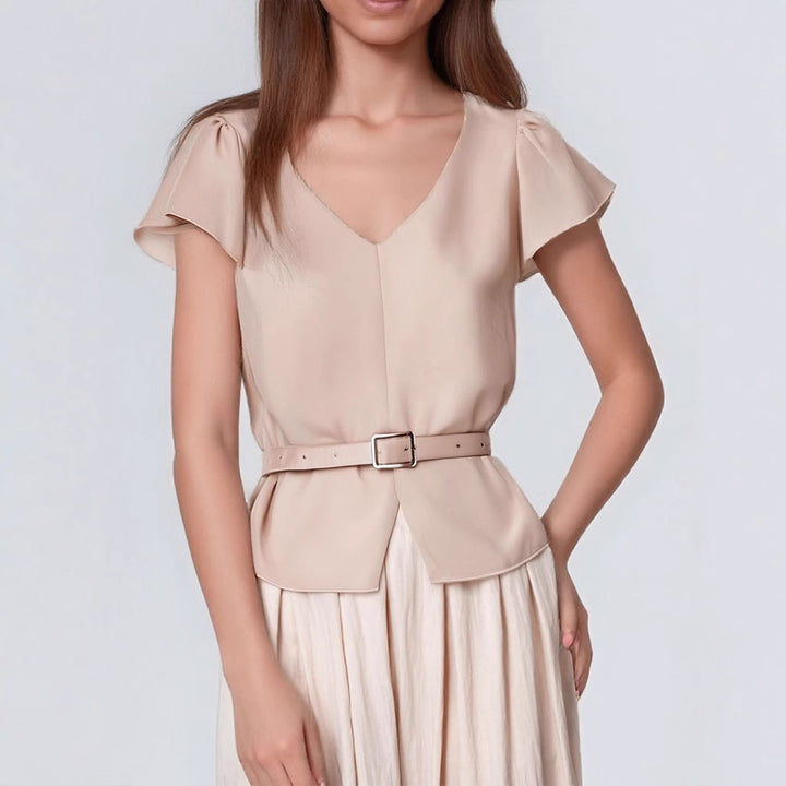 Dame bluse med belte i midjen og elegant V-hals Skjora