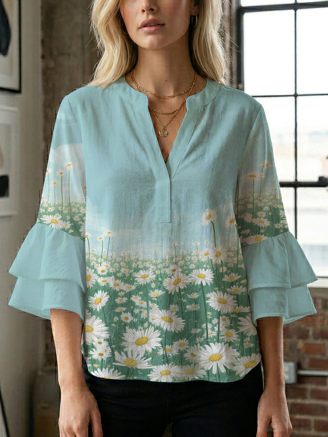 Damer Elegant topp med voluminøse rynkete ermer og blomstertrykk Skjora