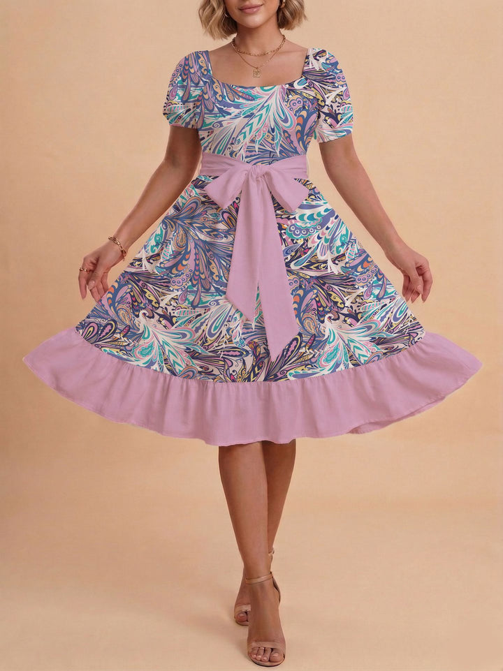 Damen Retro Maxikleid mit Puffärmeln und Taillengürtel Skjora