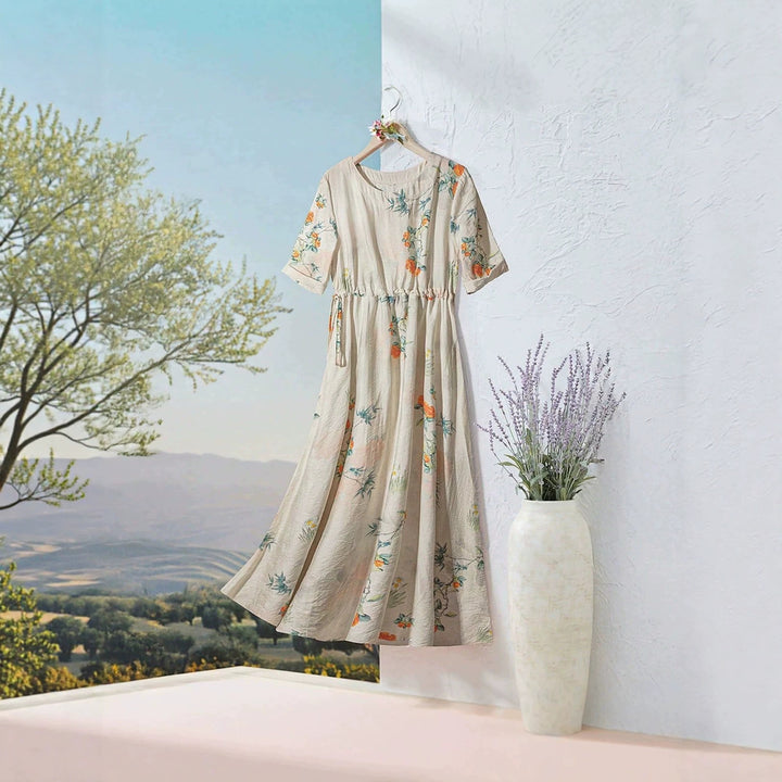 Dame Langerm Maxi-Kjole med floral design og elastisk belte Skjora