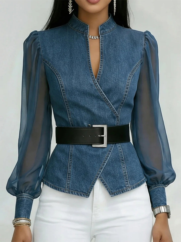 Kvinne jeans bluse med transparente ermer og skreddersydd design Skjora