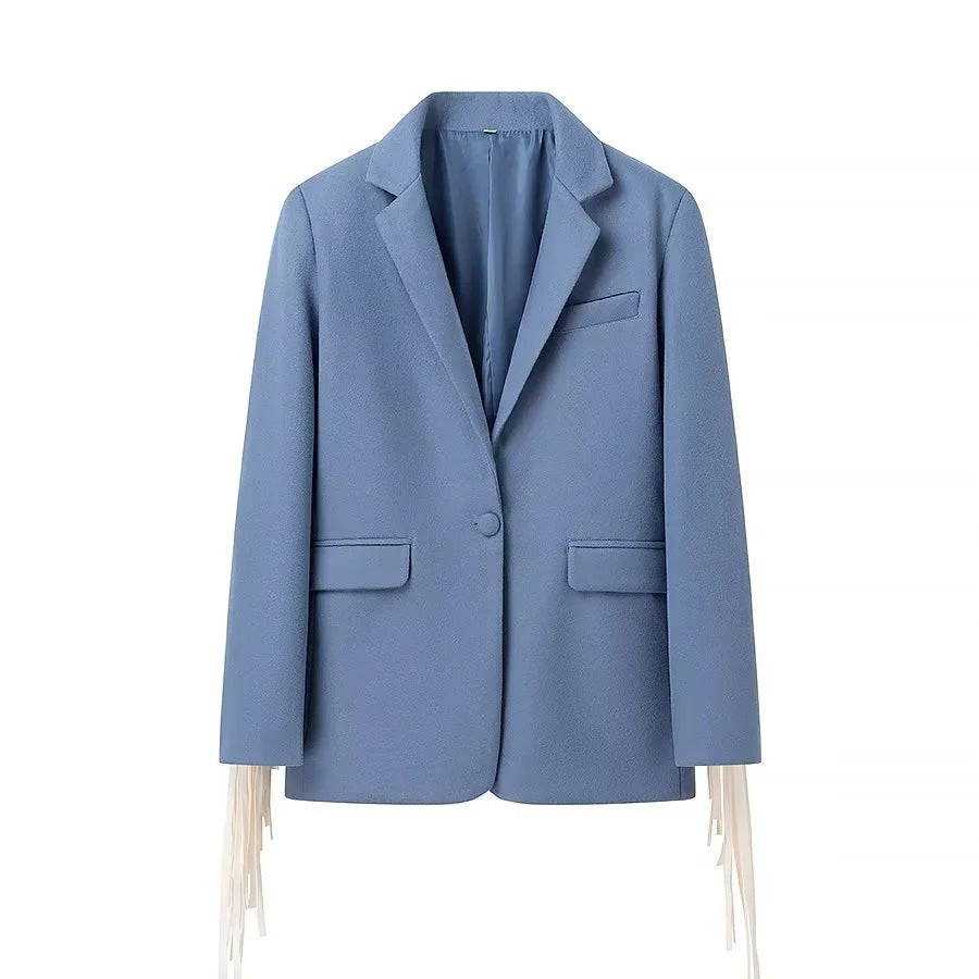 Damenes elegante blazerjakke med frynse detaljer Skjora