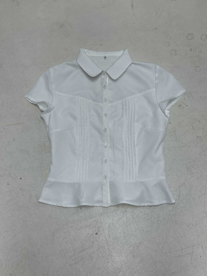 Damen kortermet skjortebluse med innsnevret snitt og elegante rynker Skjora
