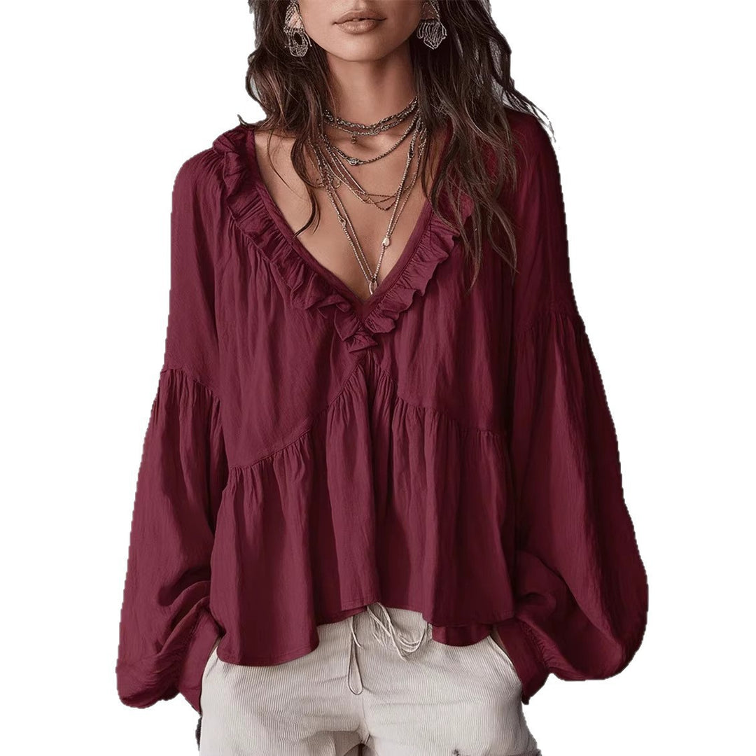 Women's Flowy Top with Ruched Detail and V-Neck Skirt