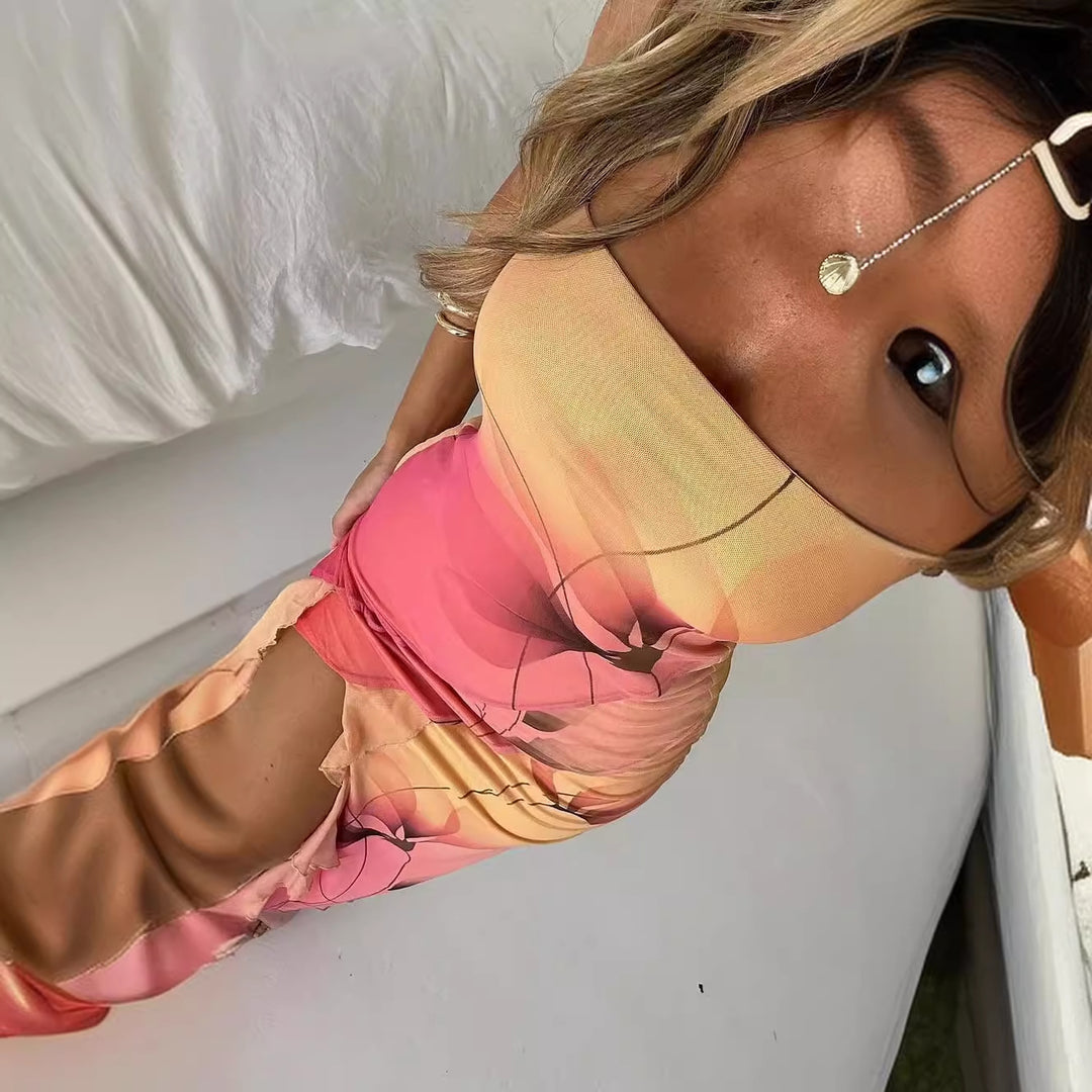 Kvinnenes Bandeau Maxi Kjole med Elegante Volanger og Høy Splitt