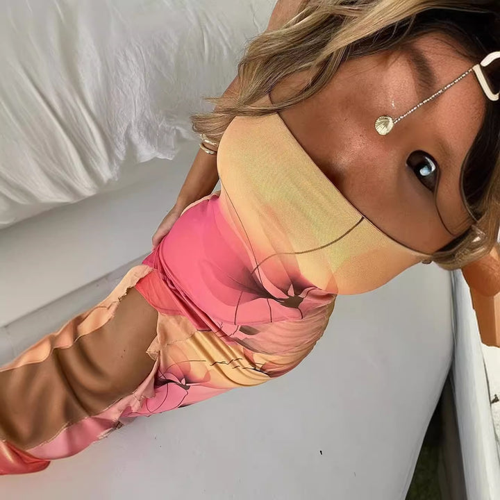 Kvinnenes Bandeau Maxi Kjole med Elegante Volanger og Høy Splitt