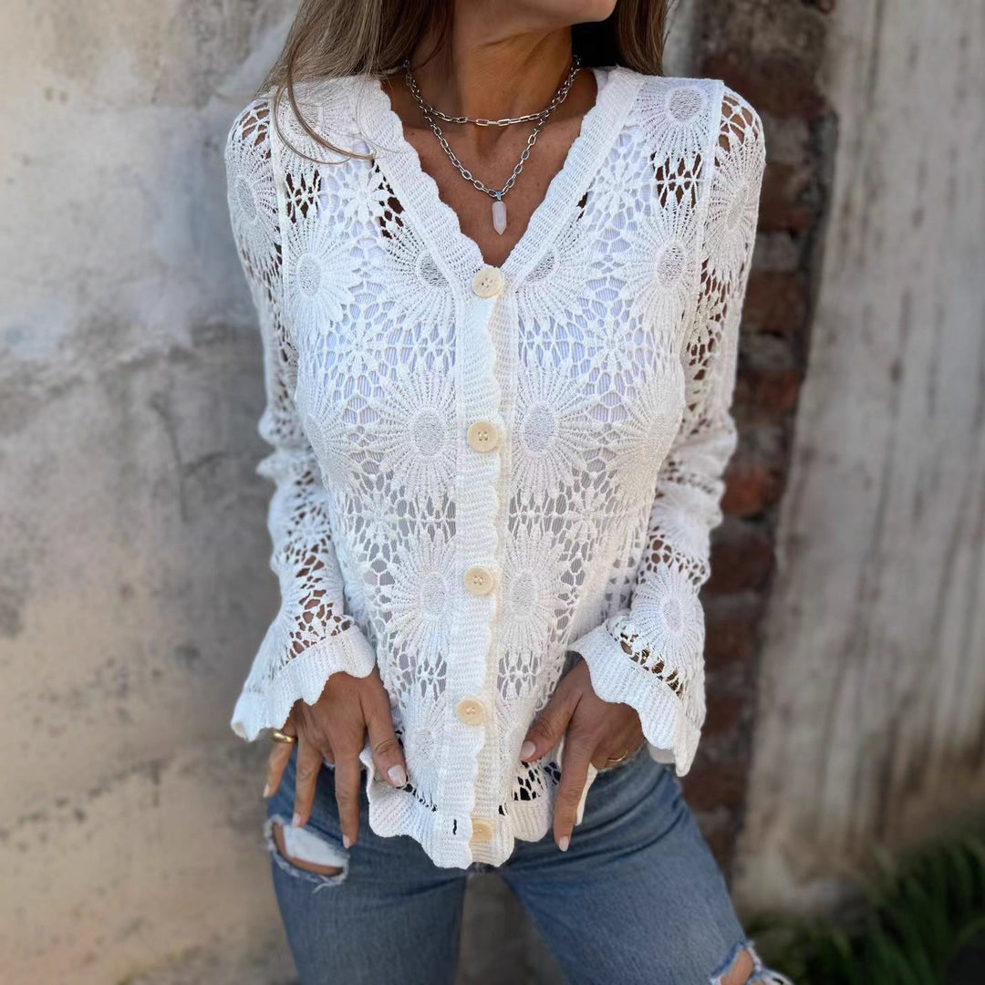 Dame heklet cardigan med blomsterdesign og knappelukking Skjora