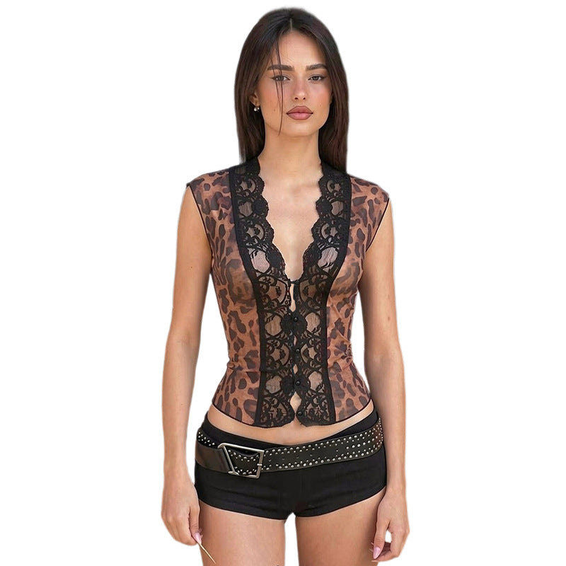Dame Sexy Spetstopp med Leopardskjema Skjora