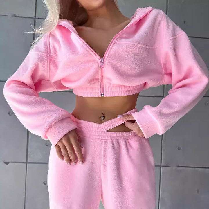 Dame fleece treningsdress med cropped jakke og løse bukser Skjora