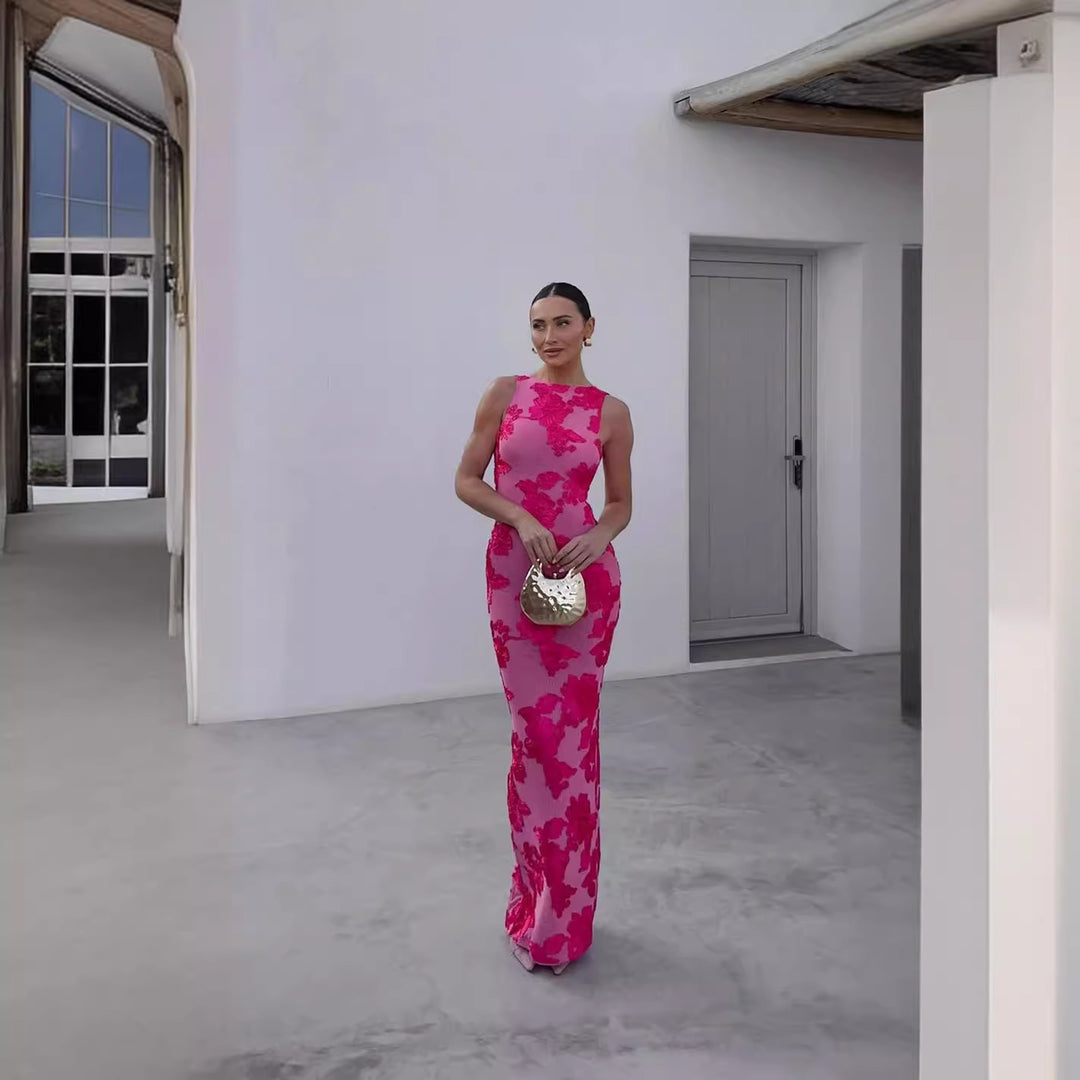 Dame Maxi-kjole med blomster 3D-broderi design og figursydd silhuett Skjora
