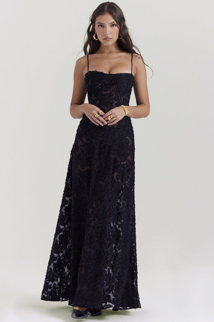 Damen Elegantes Maxikleid mit floralem Häkelmuster und raffiniertem Schnitt Skjora