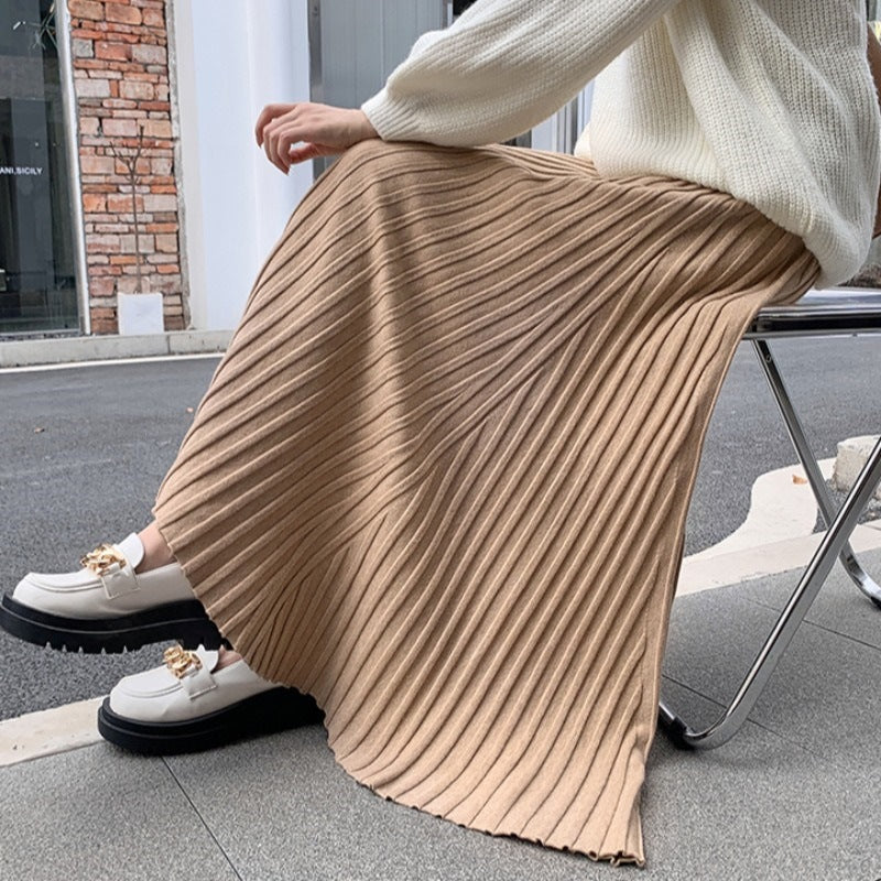 Kvinnens Plisserte Maxi Skjørt med Elegant Ribbet Tekstur Skjora