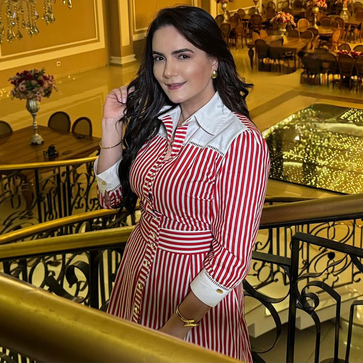 Dame maxi kjole med elegante striper og skjortekrage Skjora