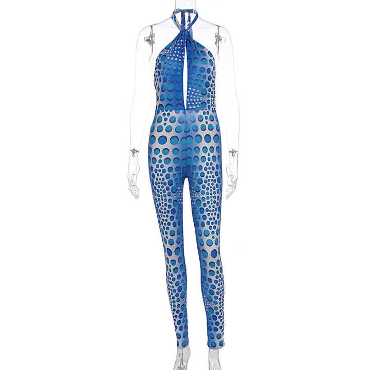 Dame Bodycon Jumpsuit med dyp V-hals og eksklusivt mønster Skjora