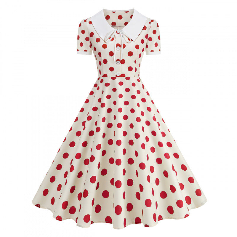 Dame Retro Maxikjole med Krage og Dots Skjora