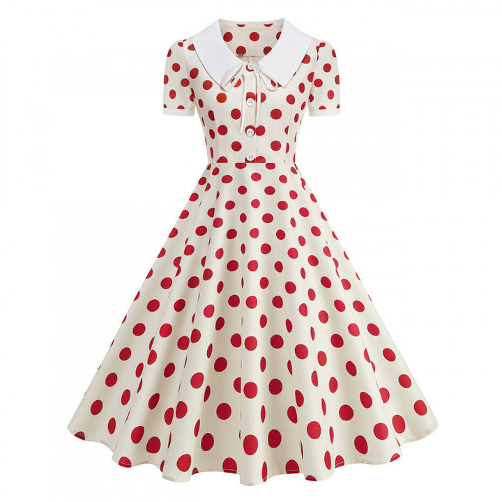 Dame Retro Maxikjole med Krage og Dots Skjora