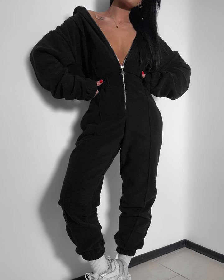 Damer koselig fleece jumpsuit med dyp V-hals og hel lengde glidelås Skjora