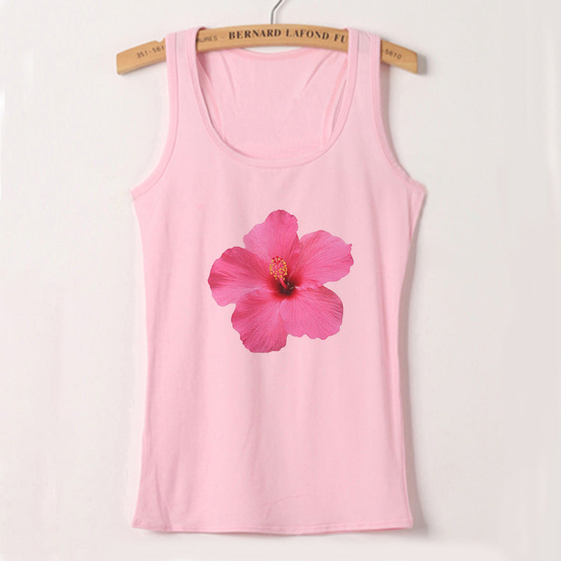 Women's Sleeveless Top with Floral Hibiscus Motif and Relaxed Fit Skjora
