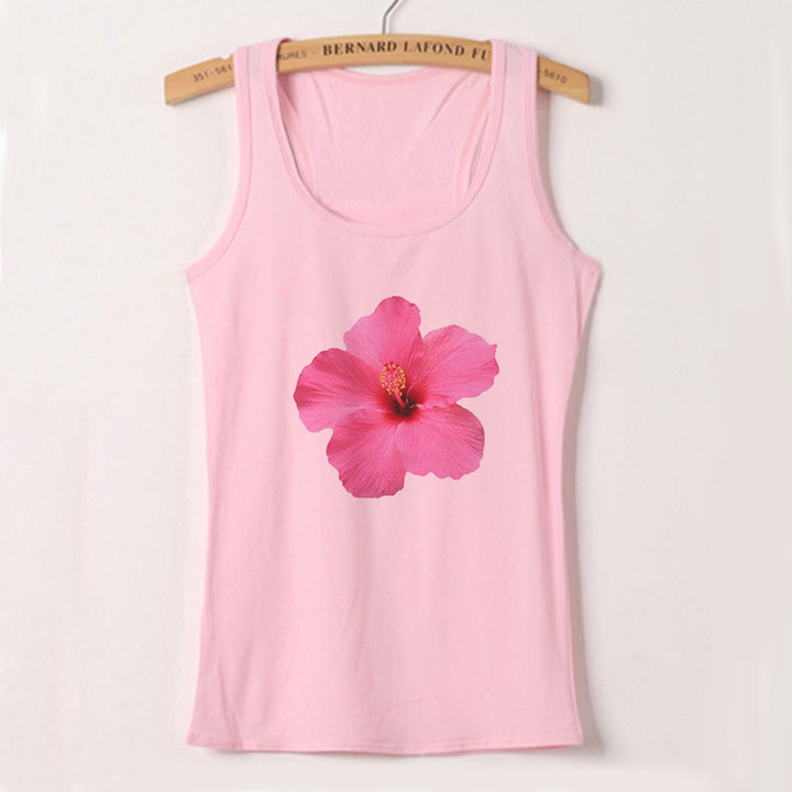 Women's Sleeveless Top with Floral Hibiscus Motif and Relaxed Fit Skjora