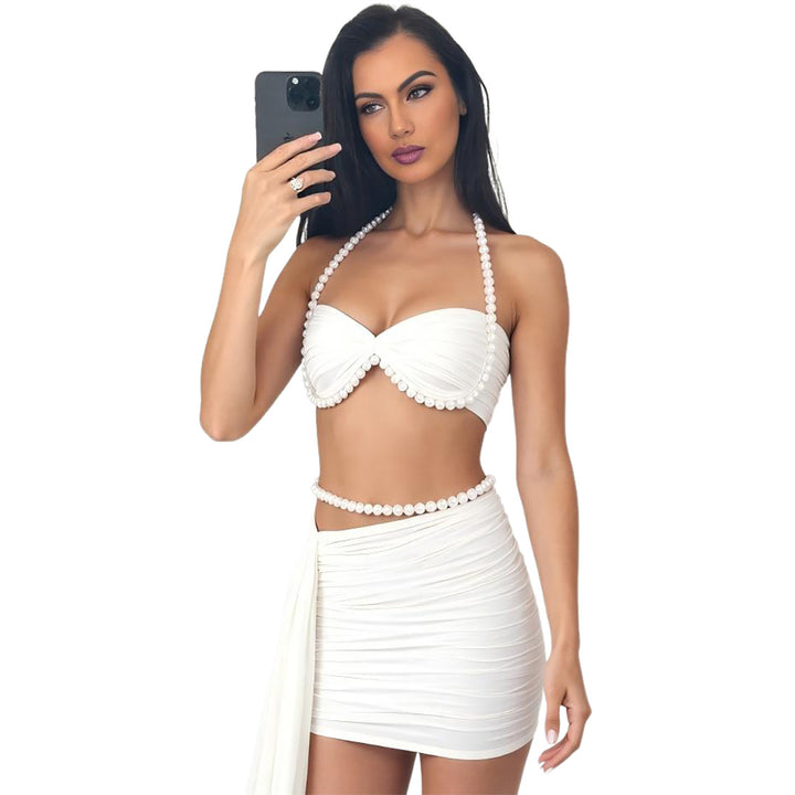 Dame Elegant Bikinisett med draperte detaljer og perlesenter Skjora