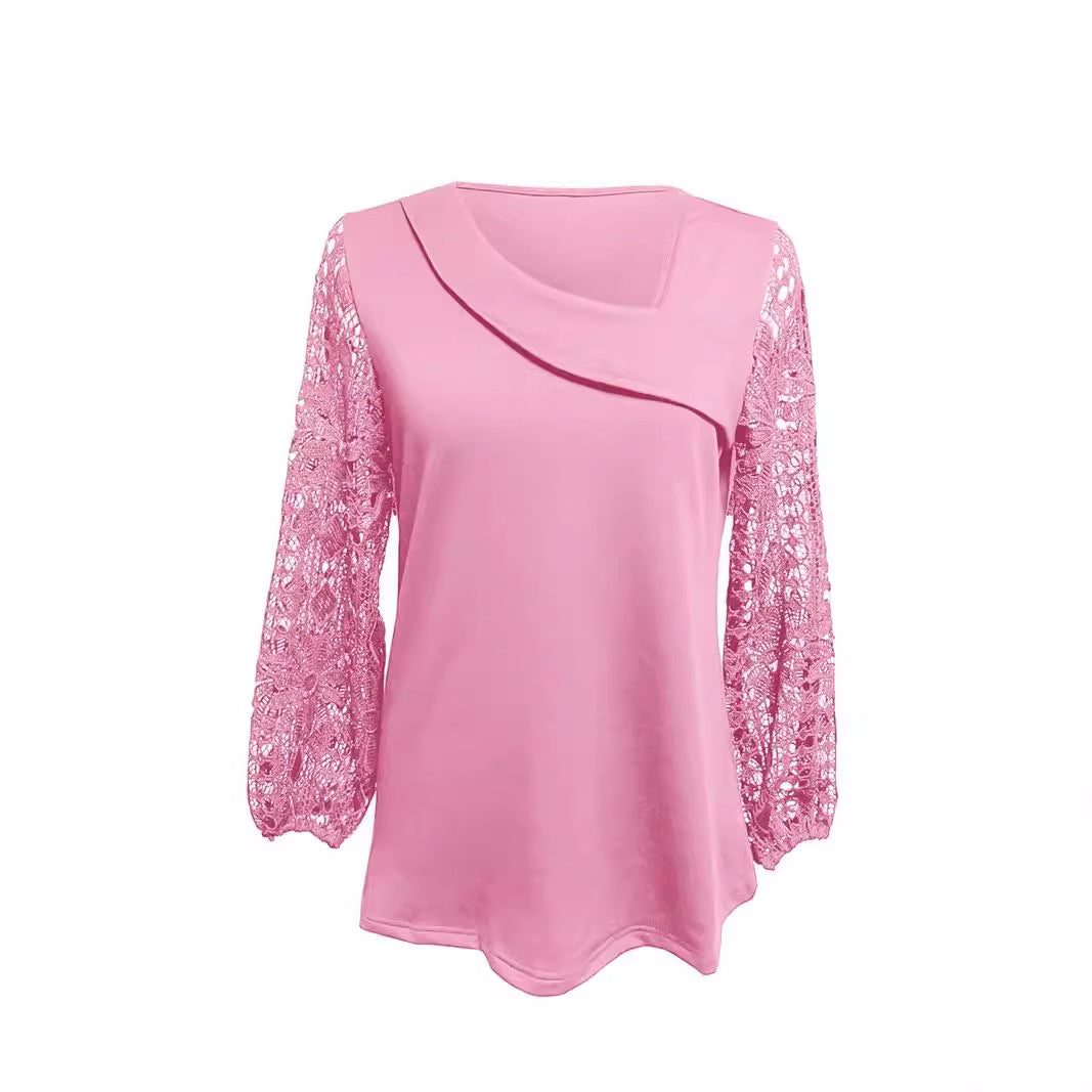 Dame designerbluse med blonder og elegant snitt Skjora
