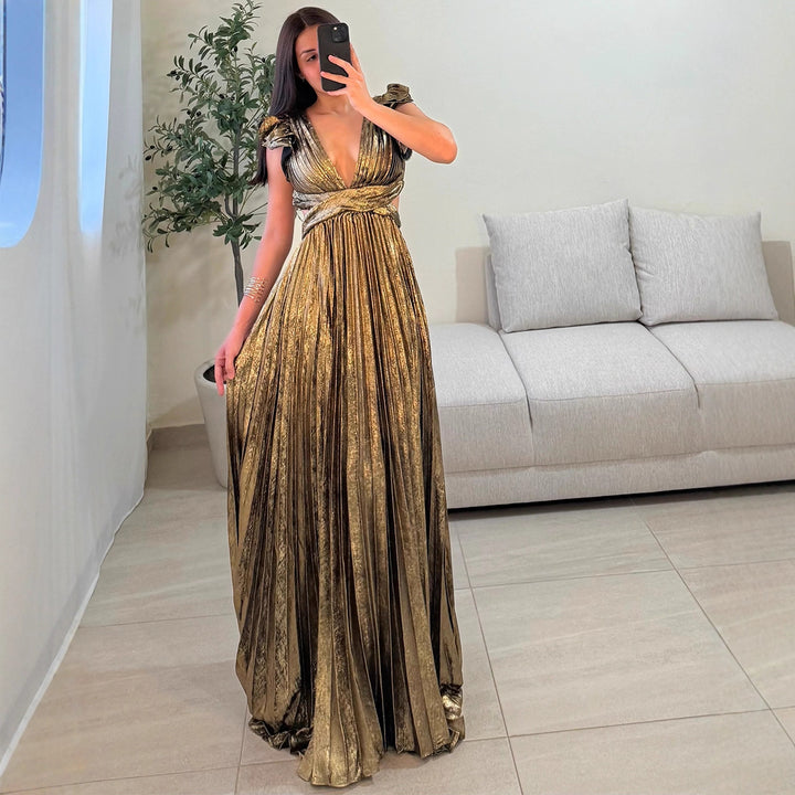 Damer Glamorous Plisserte Maxi Kjole med Dyp V-Hals og Puffermarmer Skjora