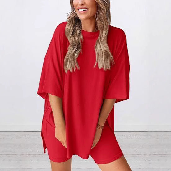 Damer Løst Lounge-set med oversized topp og korte bukser Skjora