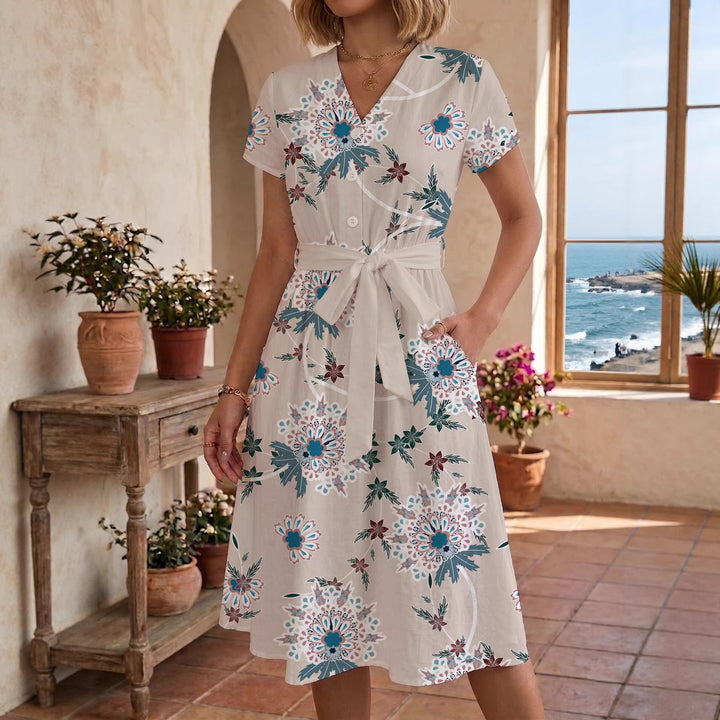 Damen Midikleid mit floralem Muster und Taillengürtel Skjora