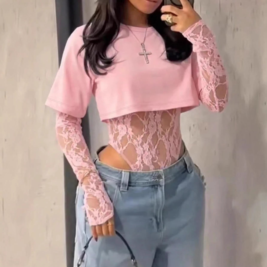 Dame bodyshirt med transparente spissarmer og avslappet snitt Skjora
