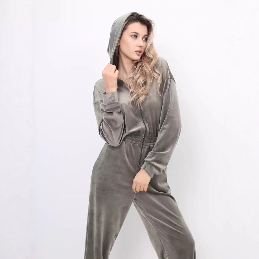 Damer sporty fleece jumpsuit med hette og elastisk midje Skjora