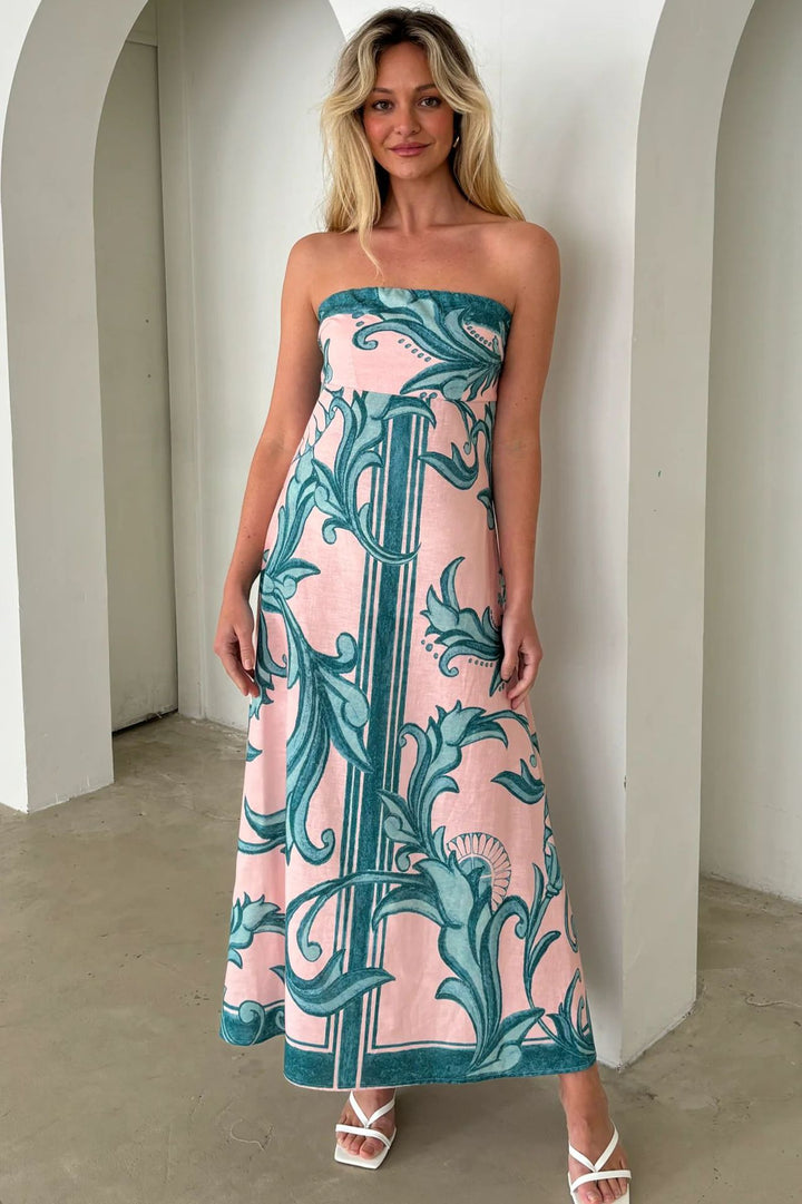 Kvinnenes Bandeau Maxi Kjole med Elegant Blomsterprint og Flytende Snitt