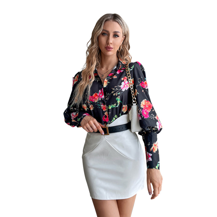 Dame elegant Bluse med florale mønstre og puffarmer Skjora