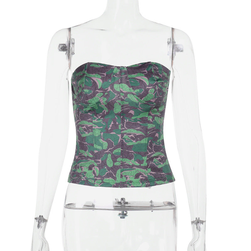 Dame skulderfri bustier-top med blomstertrykk og innsvinget silhuett Skjora