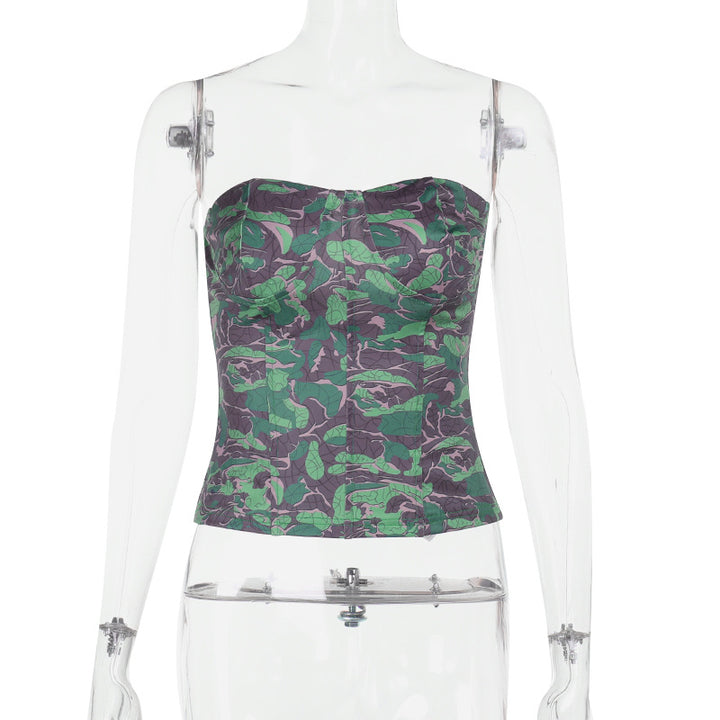 Dame skulderfri bustier-top med blomstertrykk og innsvinget silhuett Skjora