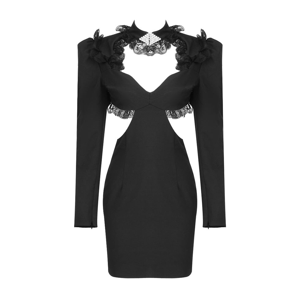 Dame elegant Cut-Out kjole med spissapplikasjoner og lange ermer Skjora