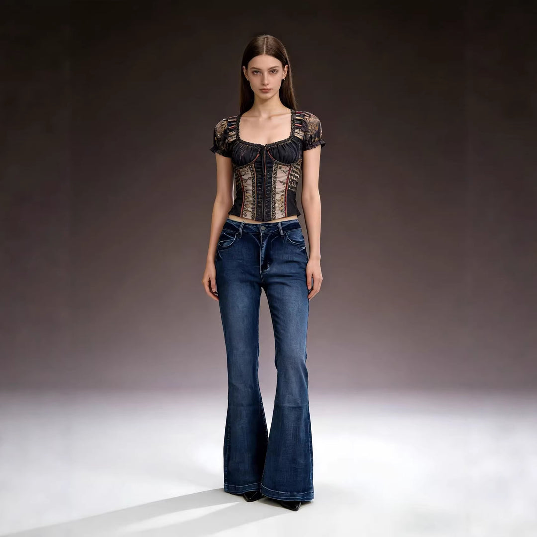 Damer elegant cropped topp med pufferm og vintage broderi Skjora