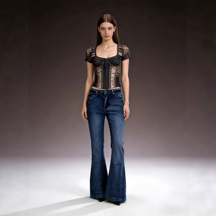 Damer elegant cropped topp med pufferm og vintage broderi Skjora